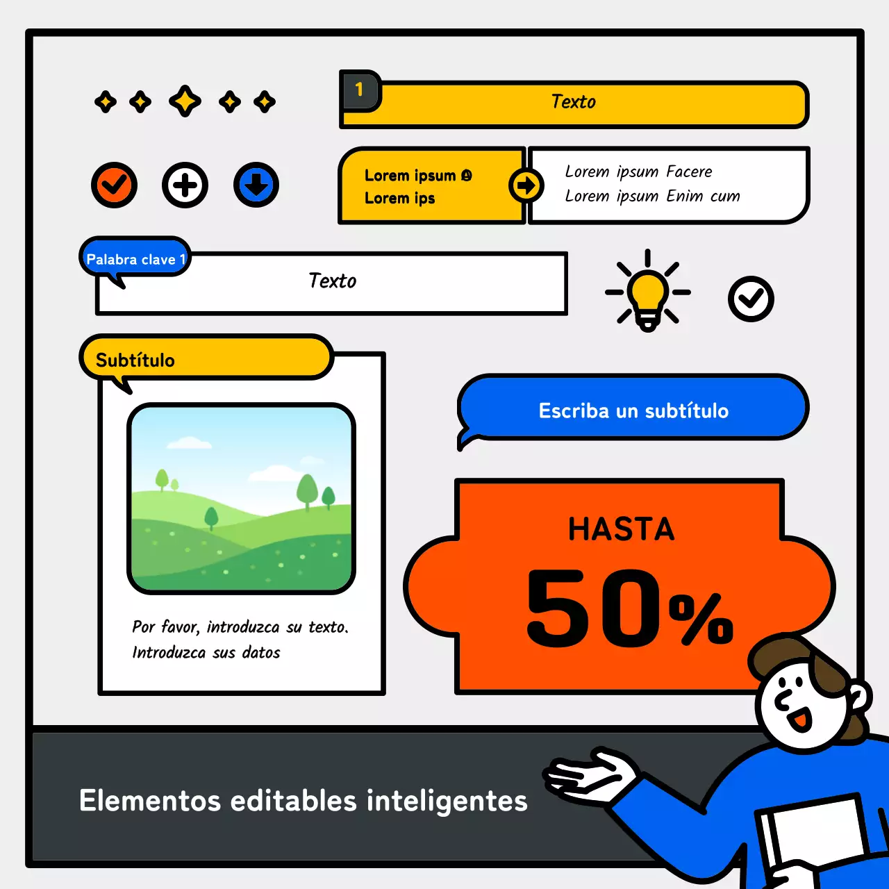 Ilustración básica y simpática con acentos azules, rojos y amarillos