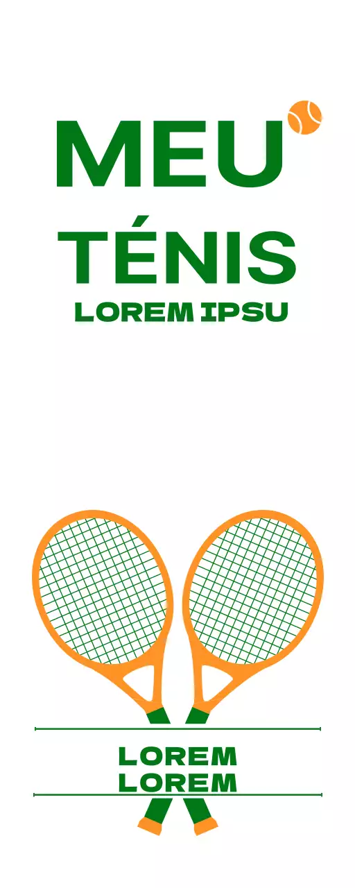 Promoção de uma escola de ténis com uma ilustração de parafernália de ténis em verde e laranja.