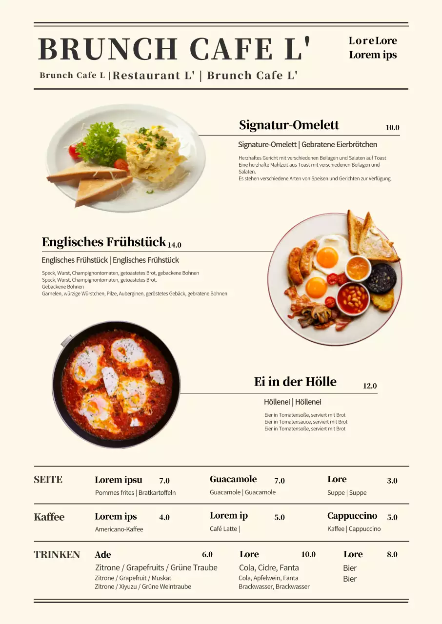 Eine klassische, mehrsprachige Speisekarte für ein Brunch-Café mit entsprechenden Texten und Fotos von Speisen.