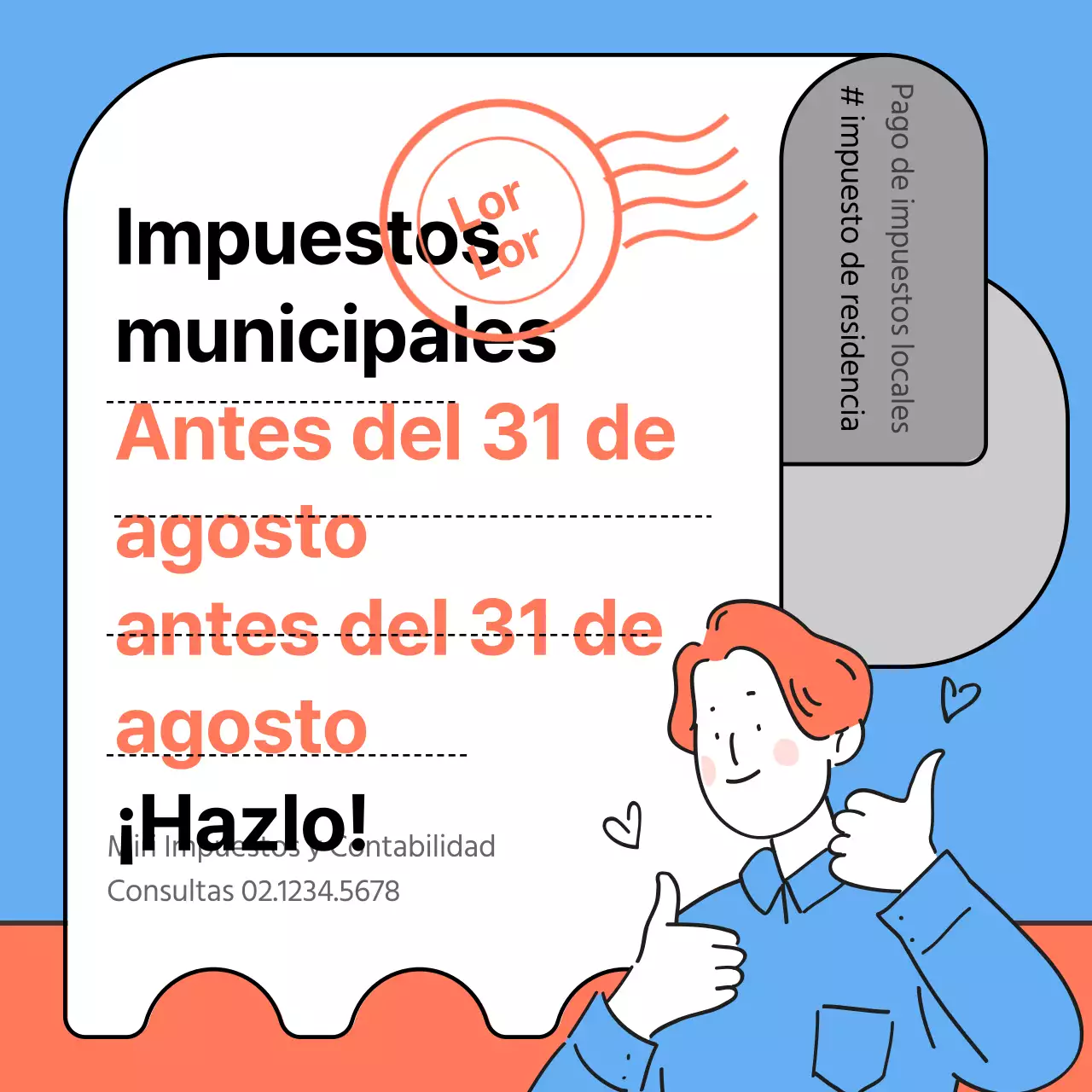 Ilustración en azul claro y naranja de las instrucciones de pago del impuesto de residencia
