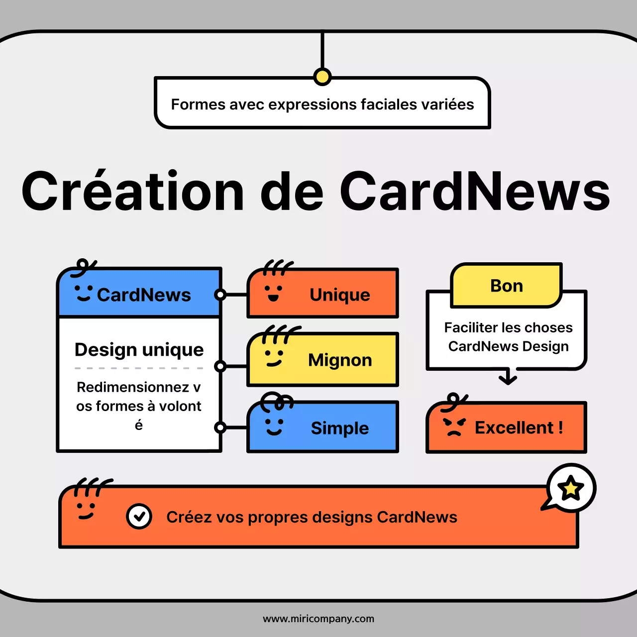 Cartes conceptuelles de personnages mignons en orange et bleuNews Kit