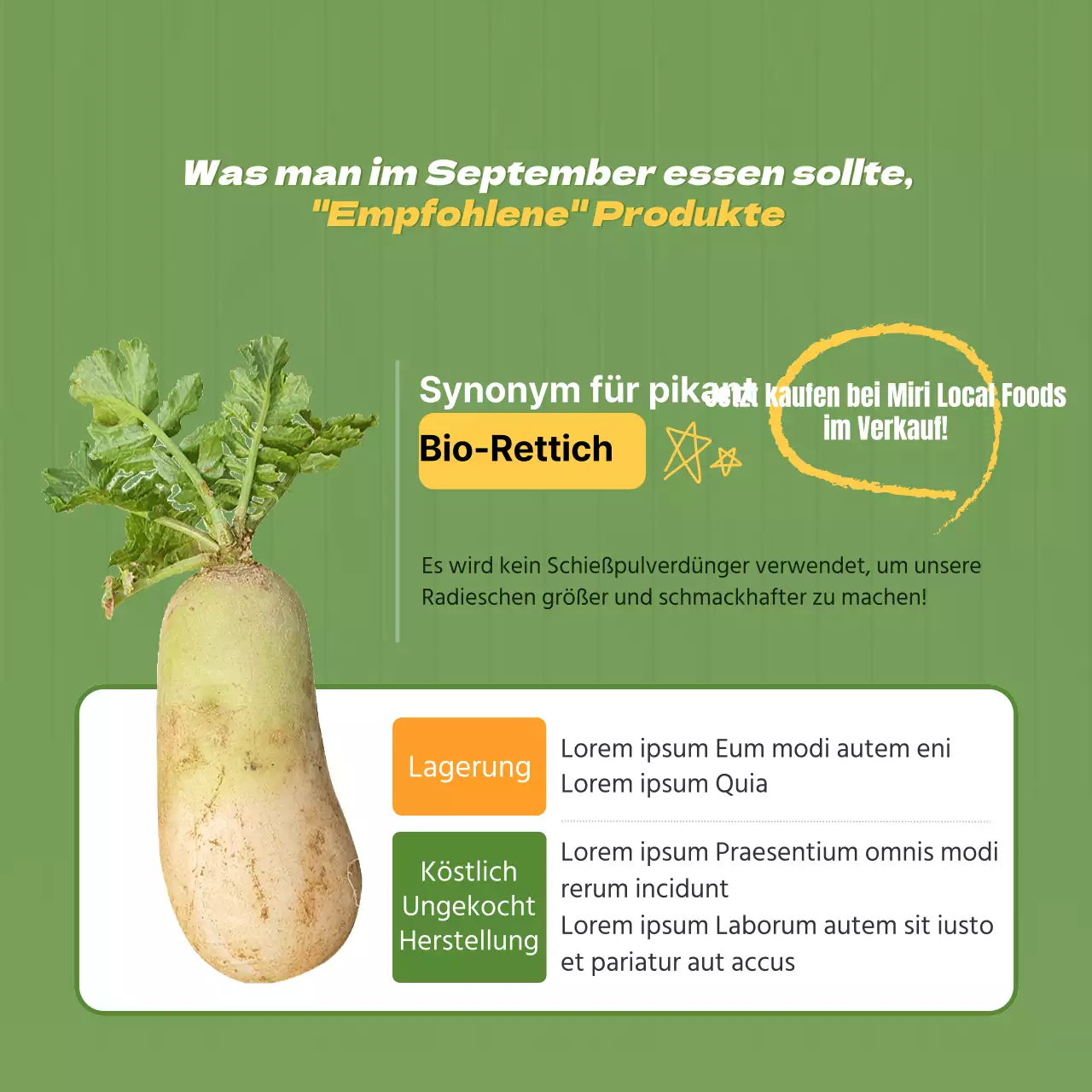 Eine Werbung für einen Bauernmarkt mit einer lindgrünen Illustration von Gemüse.