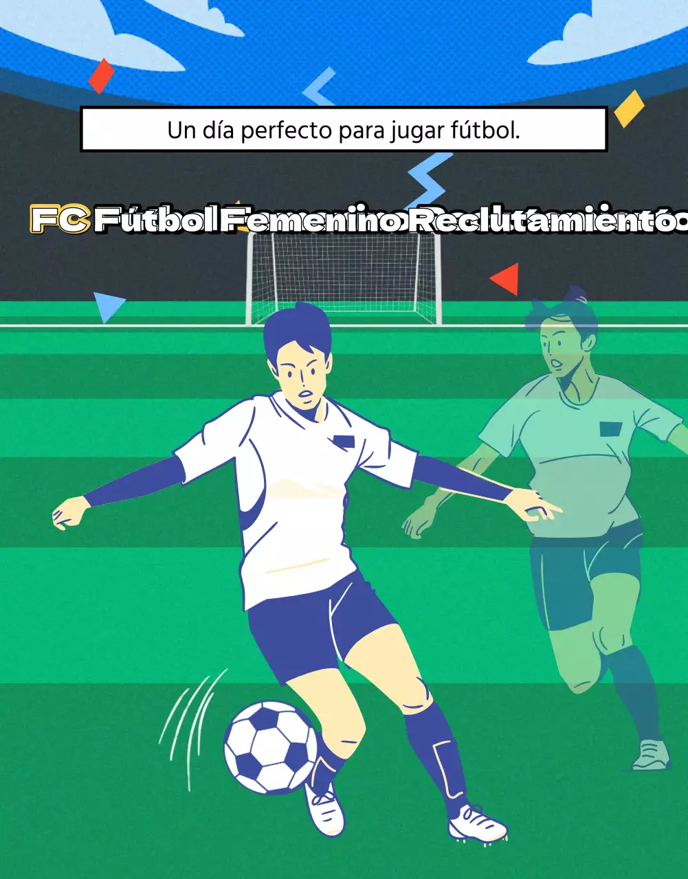 Folleto de reclutamiento de fútbol femenino con la imagen de un campo de fútbol verde