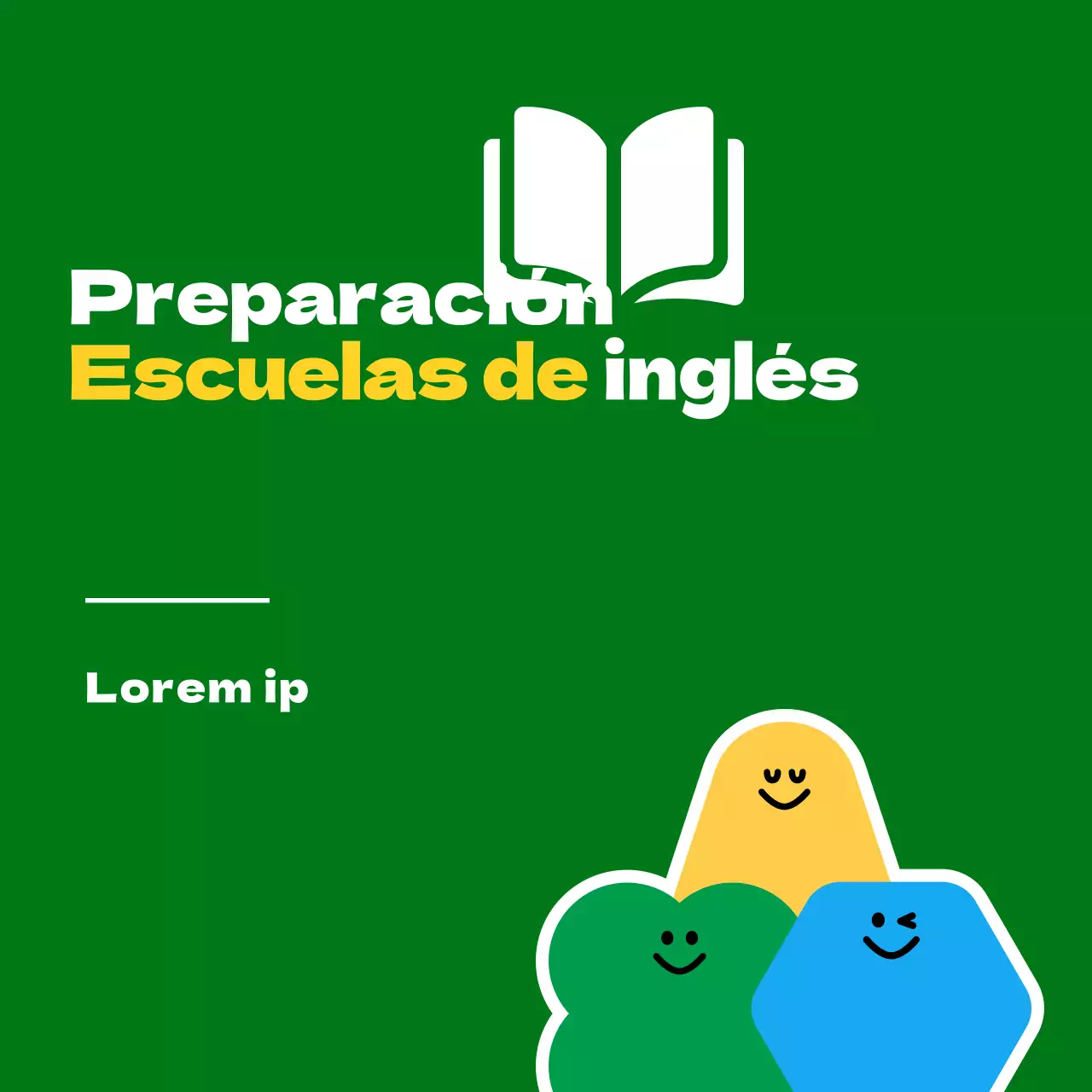 Para promocionar una escuela de inglés para alumnos de primaria con una simpática ilustración de un personaje de dibujos animados en verde y amarillo.
