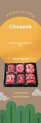 Förderung von Vorbestellungen für ein einfaches Chuseok-Geschenkset aus koreanischem Rindfleisch mit einem gelben Vollmond und traditionellen koreanischen Illustrationen
