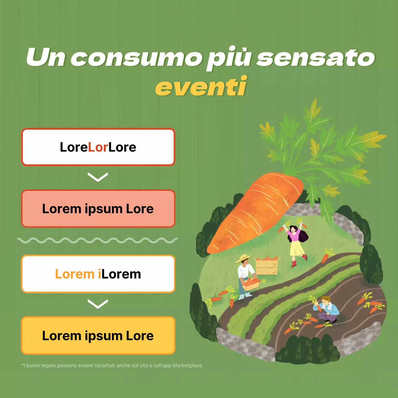 Promozione di un mercato agricolo con illustrazione di verdure in verde lime.