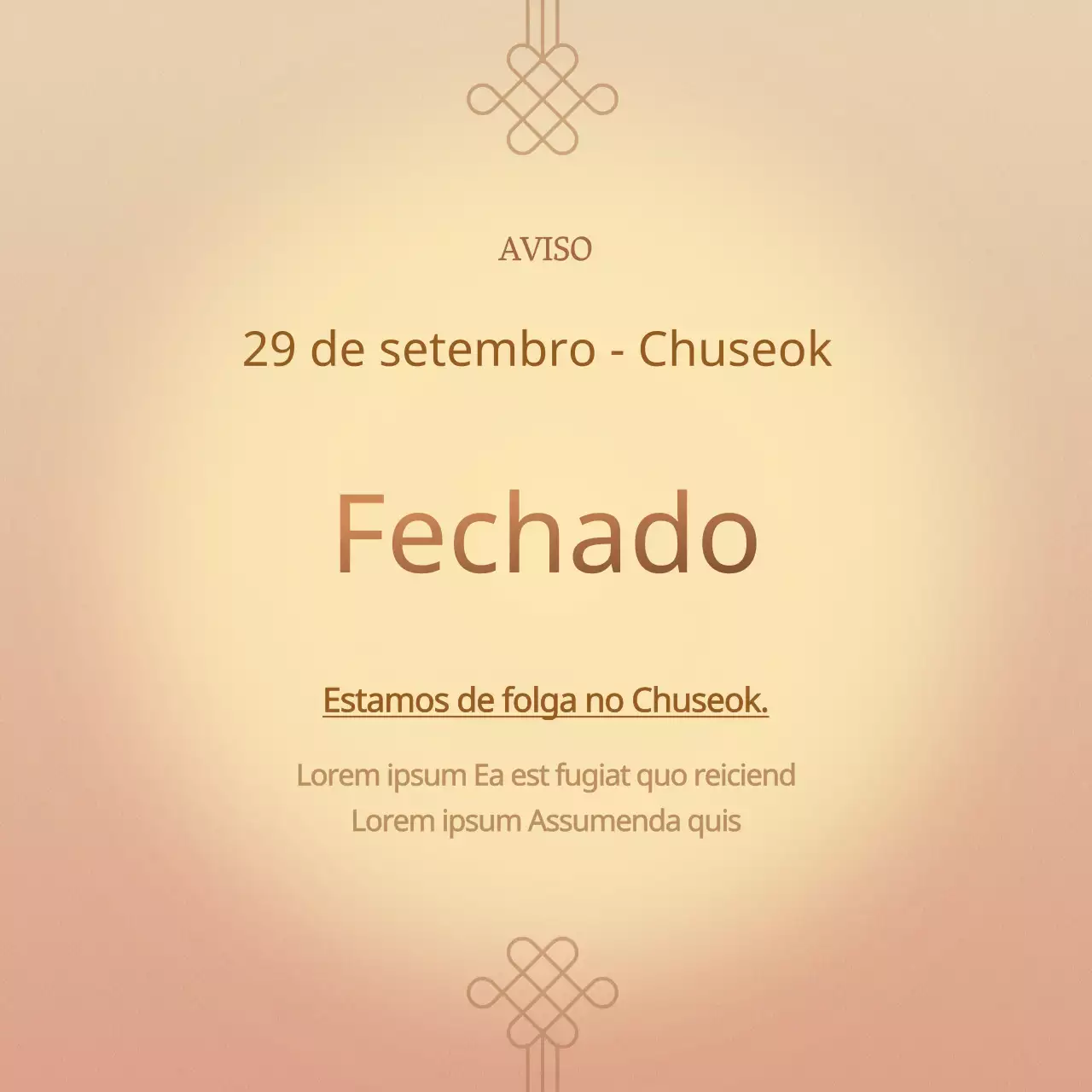 Anúncio de encerramento do Chuseok utilizando um padrão tradicional com cores gradientes de amarelo e vermelho