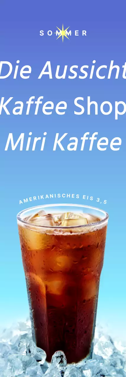 Ein luftiges, vom Sommer inspiriertes Banner vor einem Café mit Text und Fotoillustrationen von Sommergetränken.
