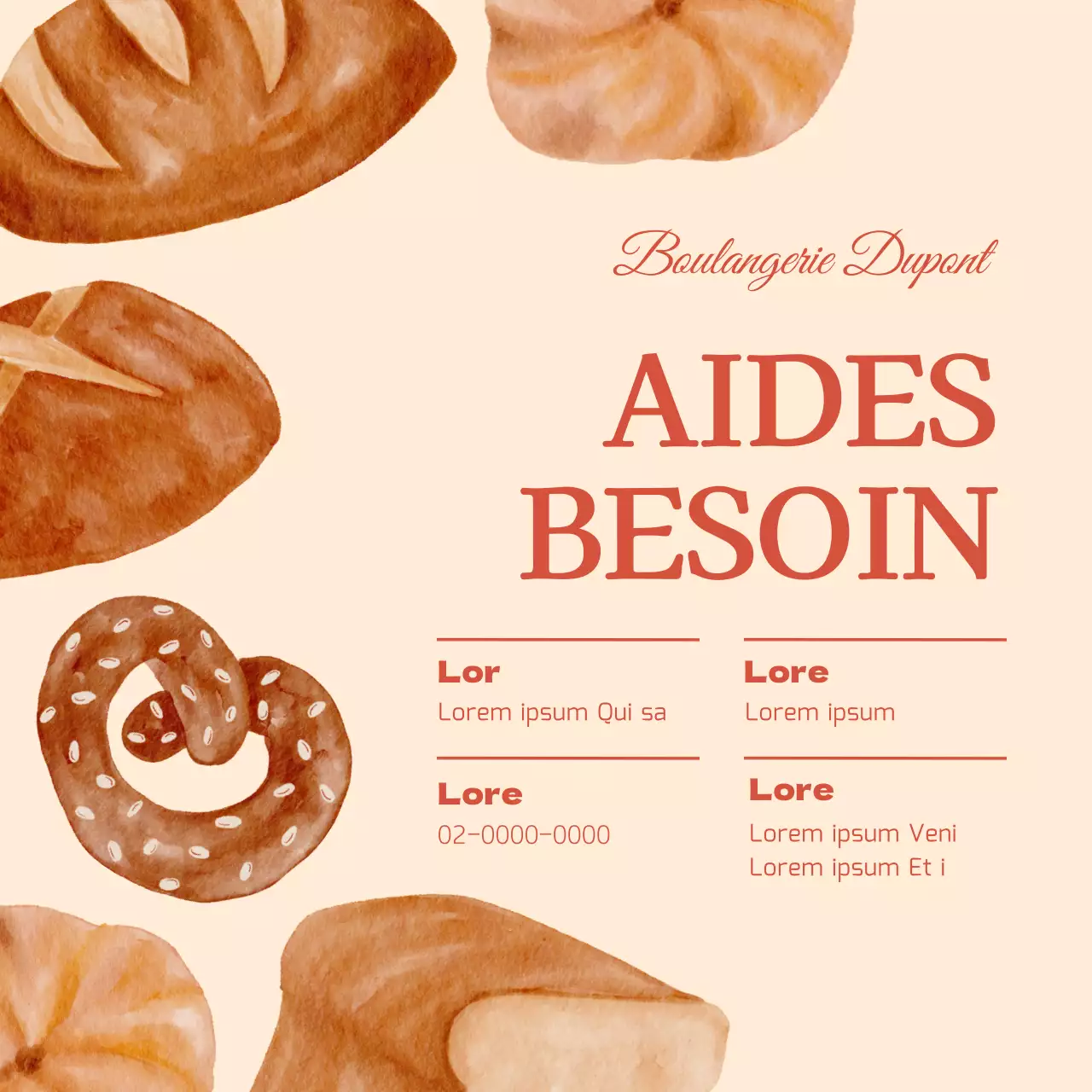 Annonce d'emploi pour le personnel d'une boulangerie sur fond beige et illustration de style vintage V2