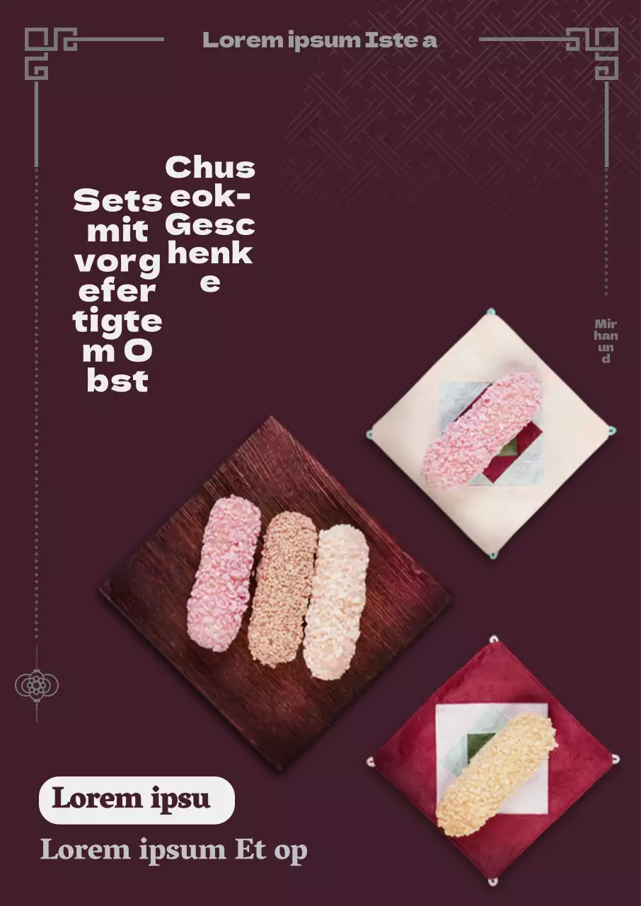 Ein herbstlicher, weinfarbener Hintergrund und traditionelle Linienillustrationen für die Chuseok Hanami Geschenkaktion.