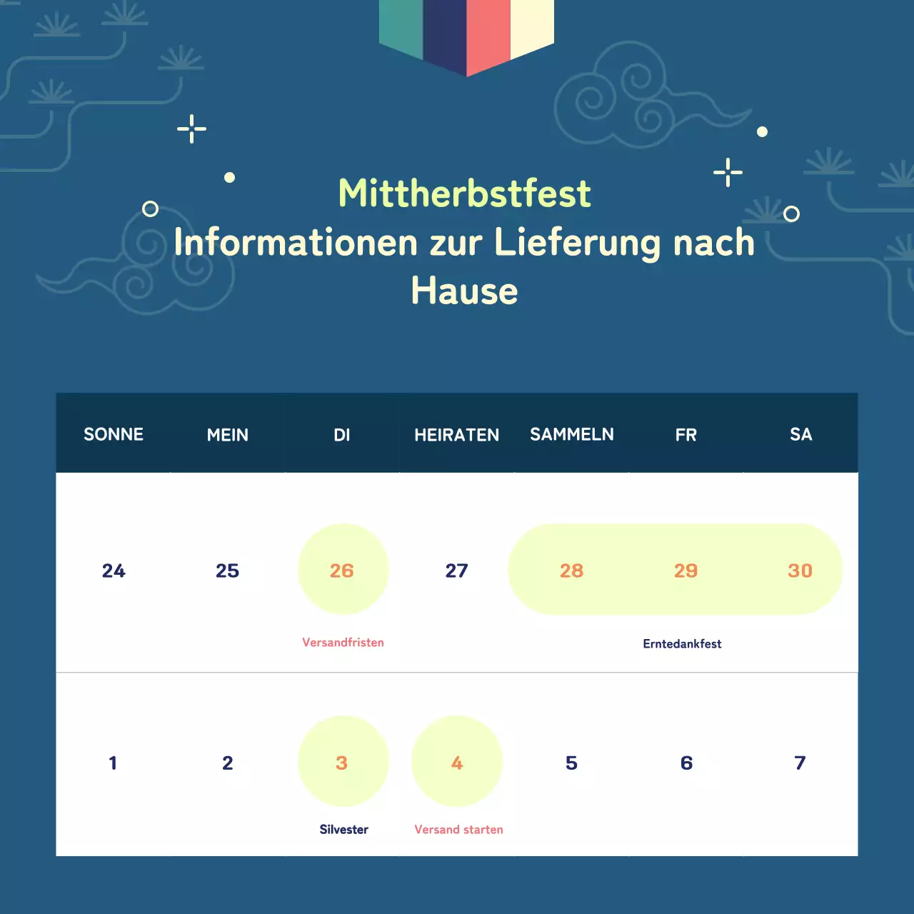Chuseok-Ankündigung in traditionellem Muster mit Chartreuse-Akzenten