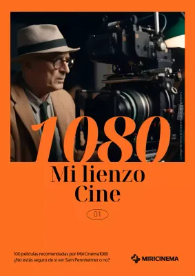 Una revista de cine con un sencillo fondo naranja y fotos de personas