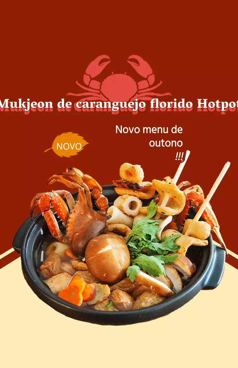 Uma peça promocional para um novo menu de outono com texto e ilustrações para um prato com caranguejos azuis.