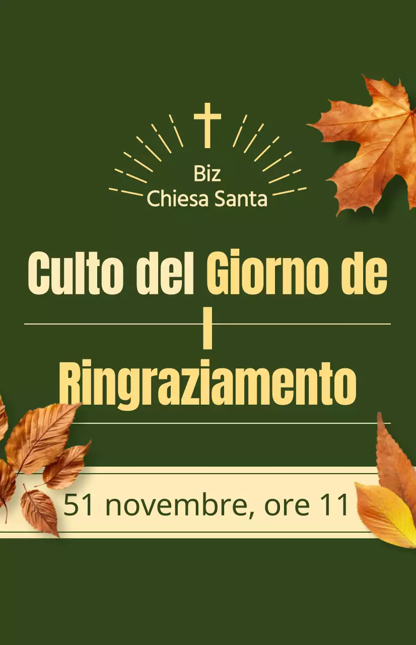 Promozione di un servizio autunnale della chiesa con testo relativo al Giorno del Ringraziamento e un'illustrazione fotografica di foglie che cadono.