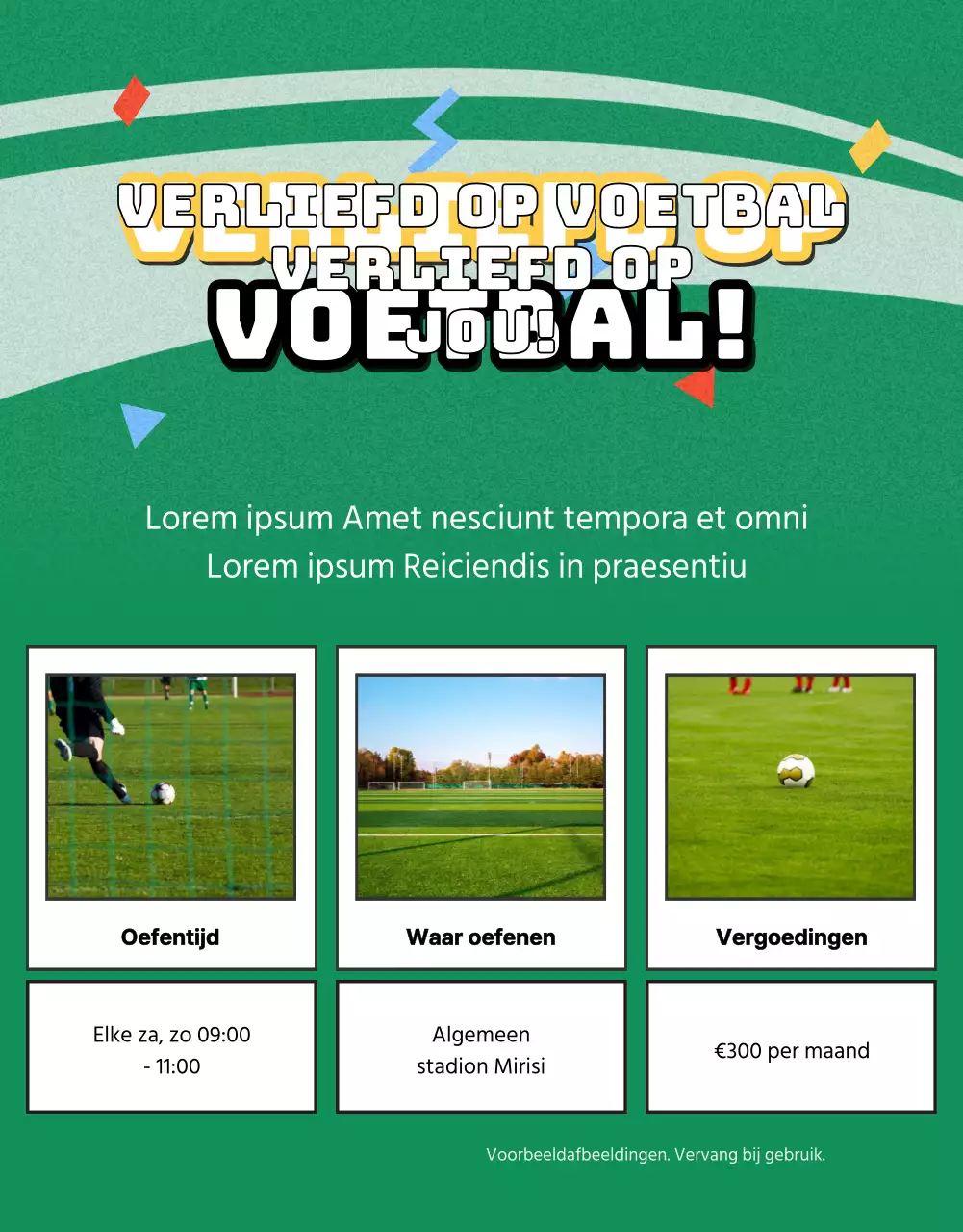 Rekruteringsflyer voor vrouwenvoetbal met een afbeelding van een groen voetbalveld