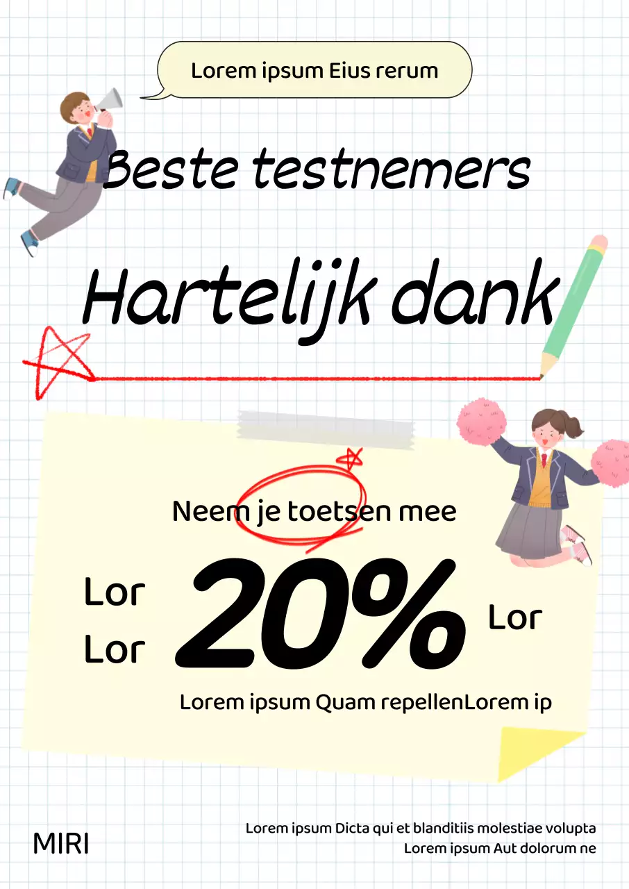 SAT dermatologie kortingsactie met illustraties van middelbare scholieren en lay-out concepten voor notitieboekjes en agenda's