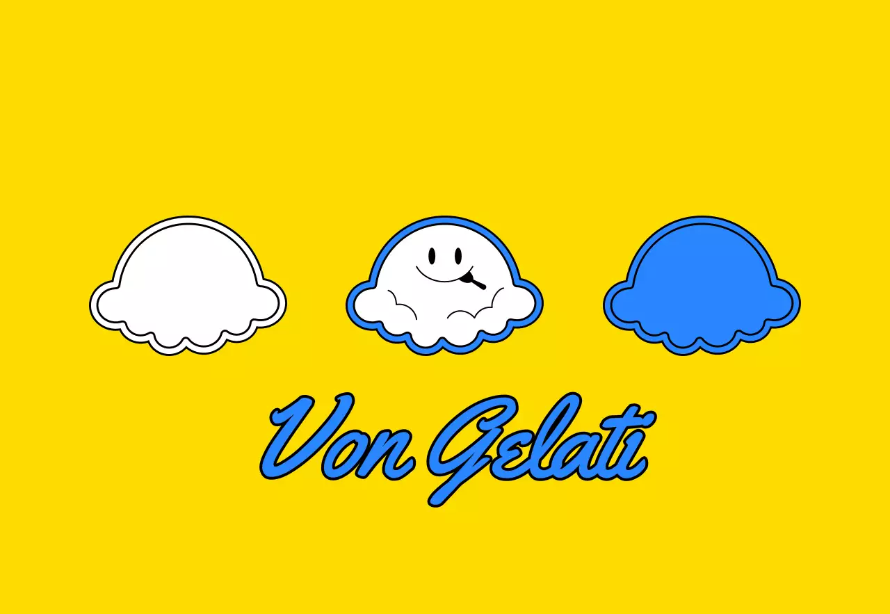 Werben Sie für ein süßes Konzept Gelato-Shop mit einem gelben und blauen Eis Charakter Illustration