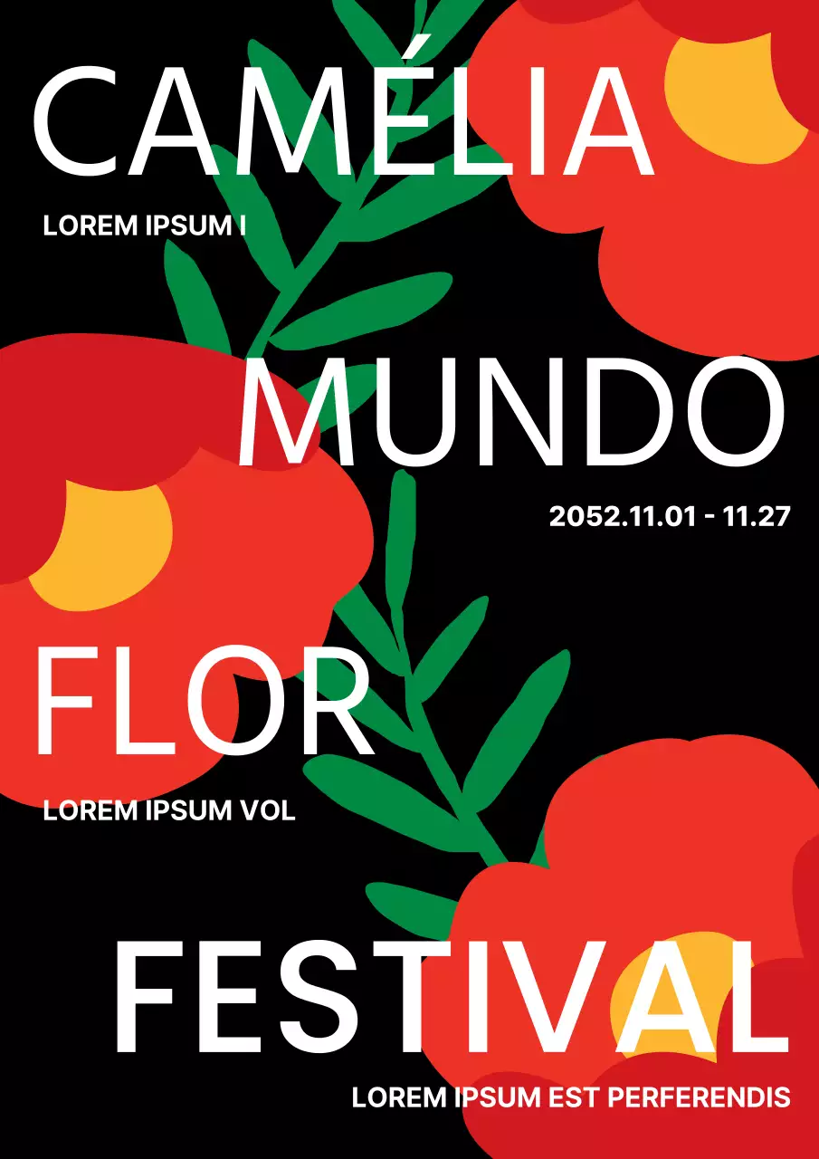 Promover o Festival da Camélia com arte pop preta e vermelha