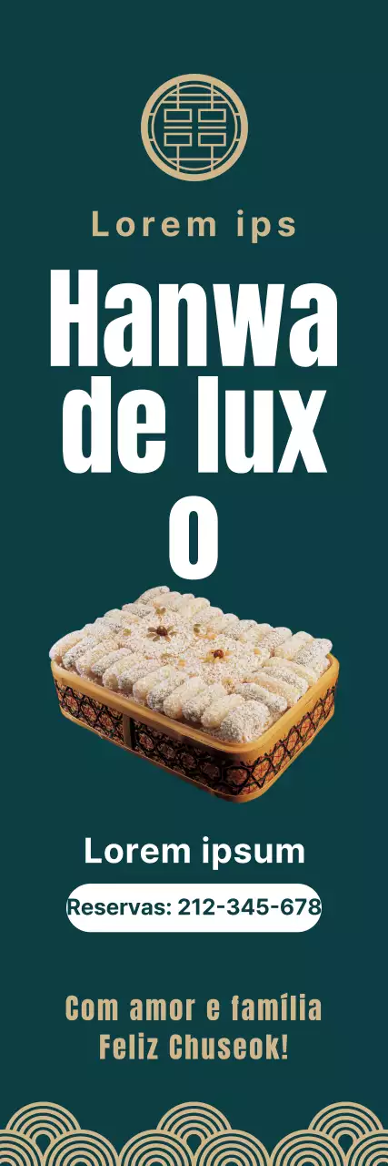 Promover a pré-reserva de conjuntos de snacks coreanos Chuseok com padrões tradicionais coreanos num luxuoso fundo turquesa.