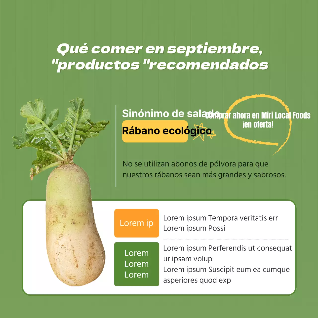 Promoción de un mercado de agricultores con una ilustración de verduras en verde lima.