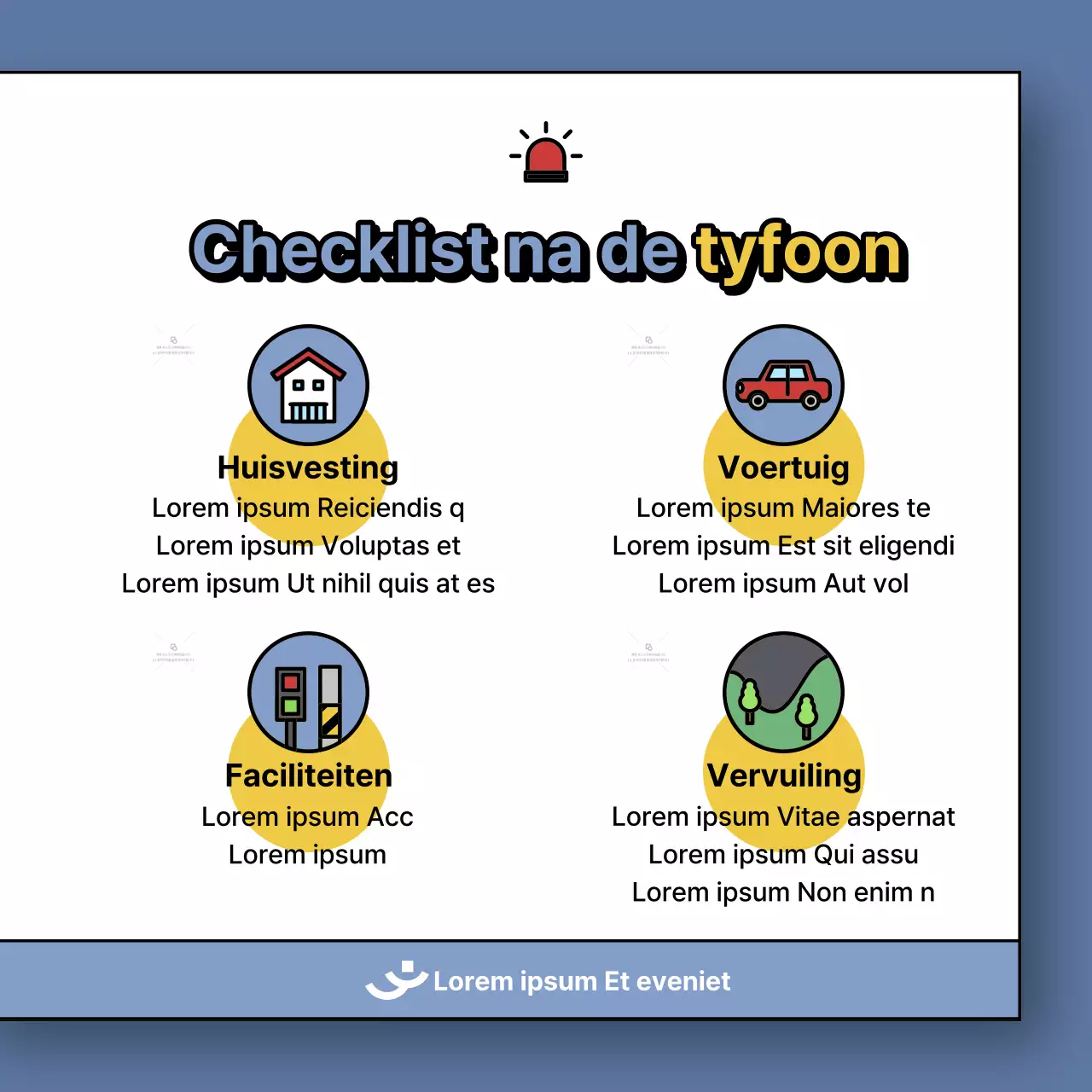 Een bericht over hoe om te gaan met tyfoonschade in blauw en geel