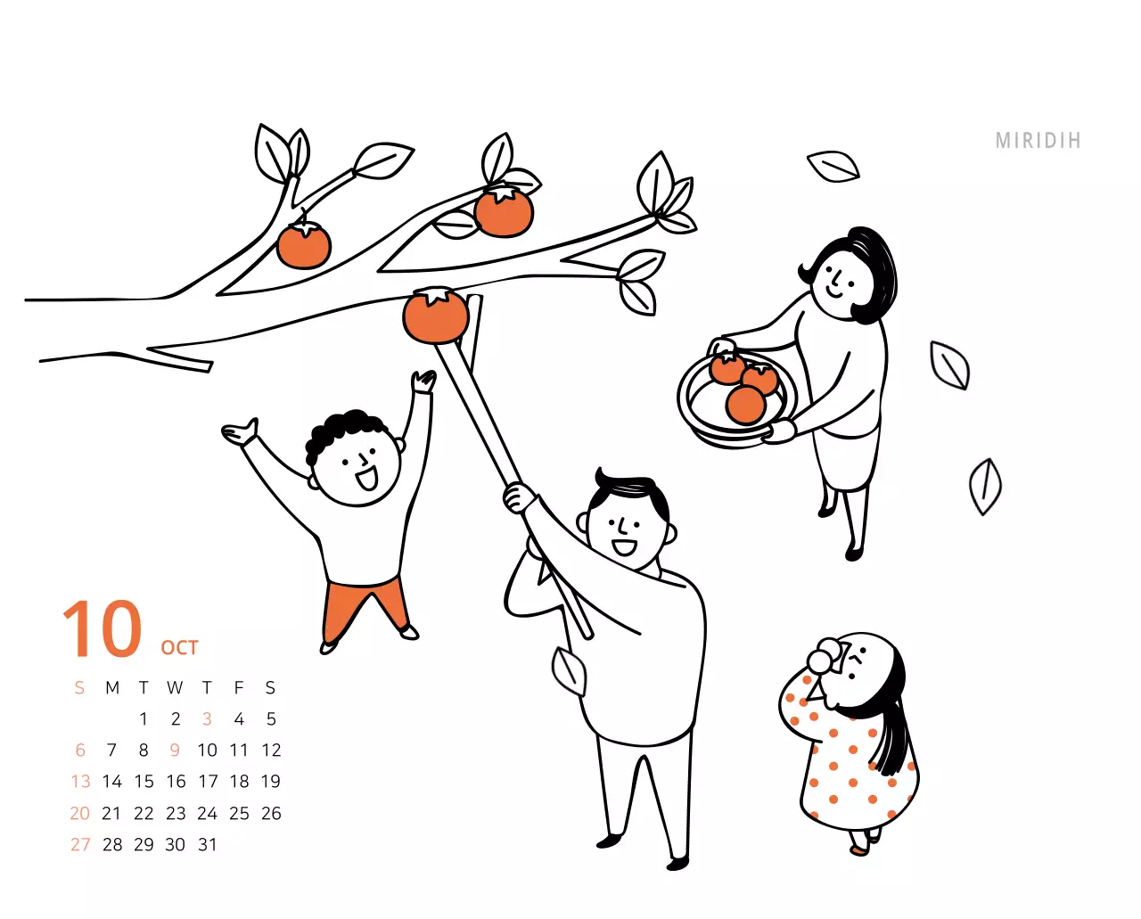 Calendrier de bureau illustré vert sur le thème de la famille