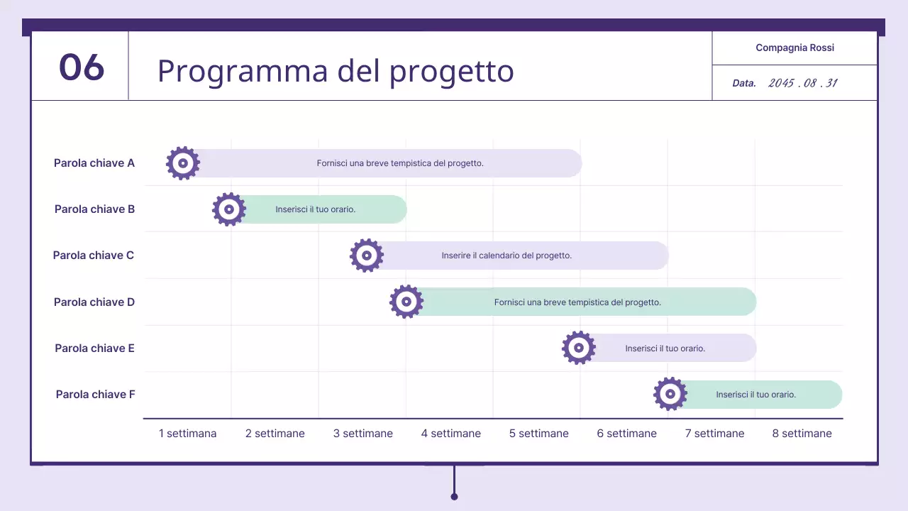 Una proposta con elementi a ingranaggi di colore viola e menta