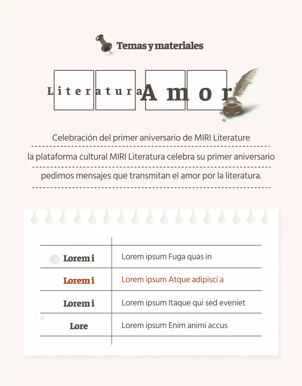 Anunciamos un concurso para un eslogan de amor literario de estilo vintage y sencillo en beige y marrón.