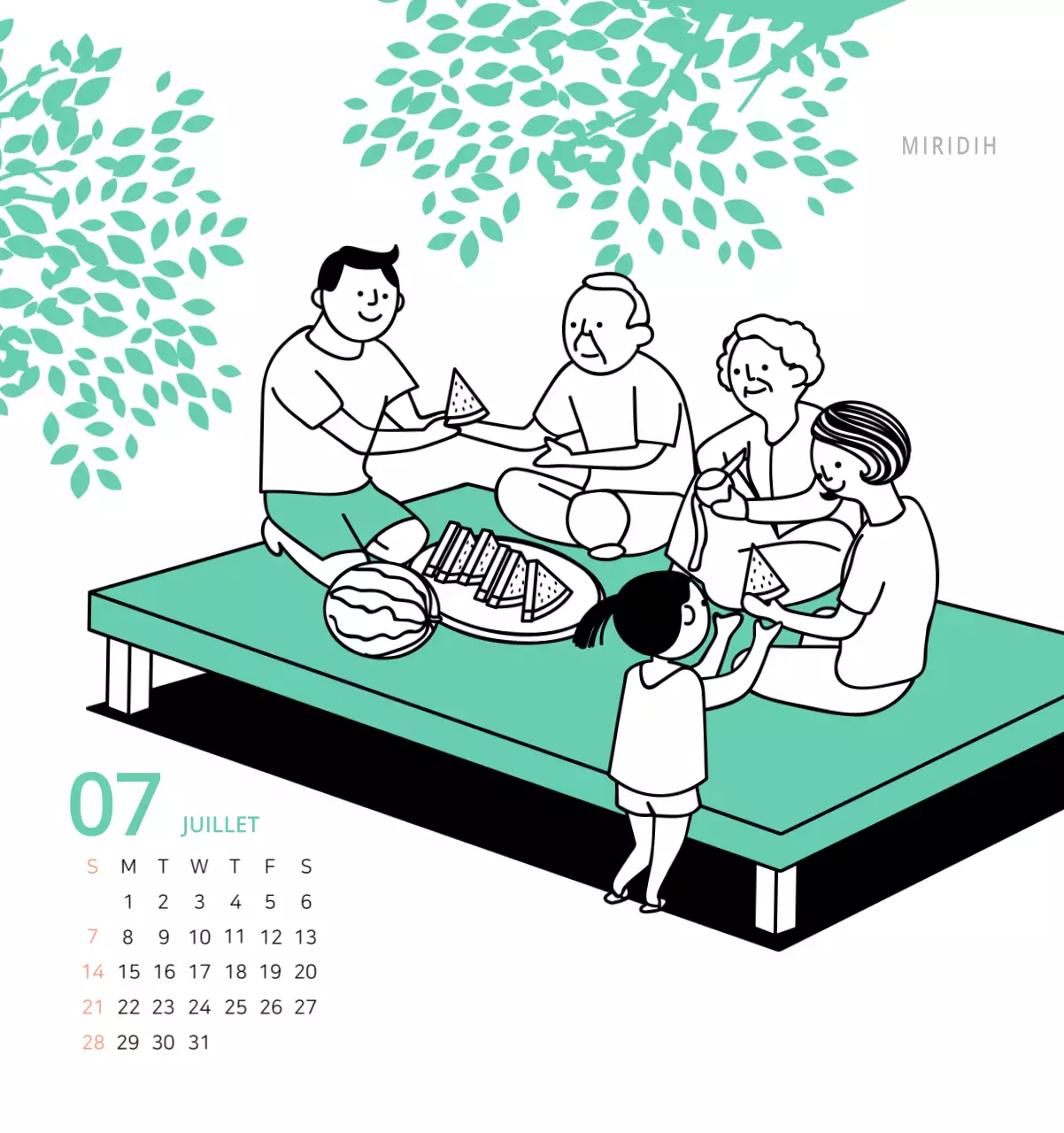 Calendrier de bureau illustré vert sur le thème de la famille