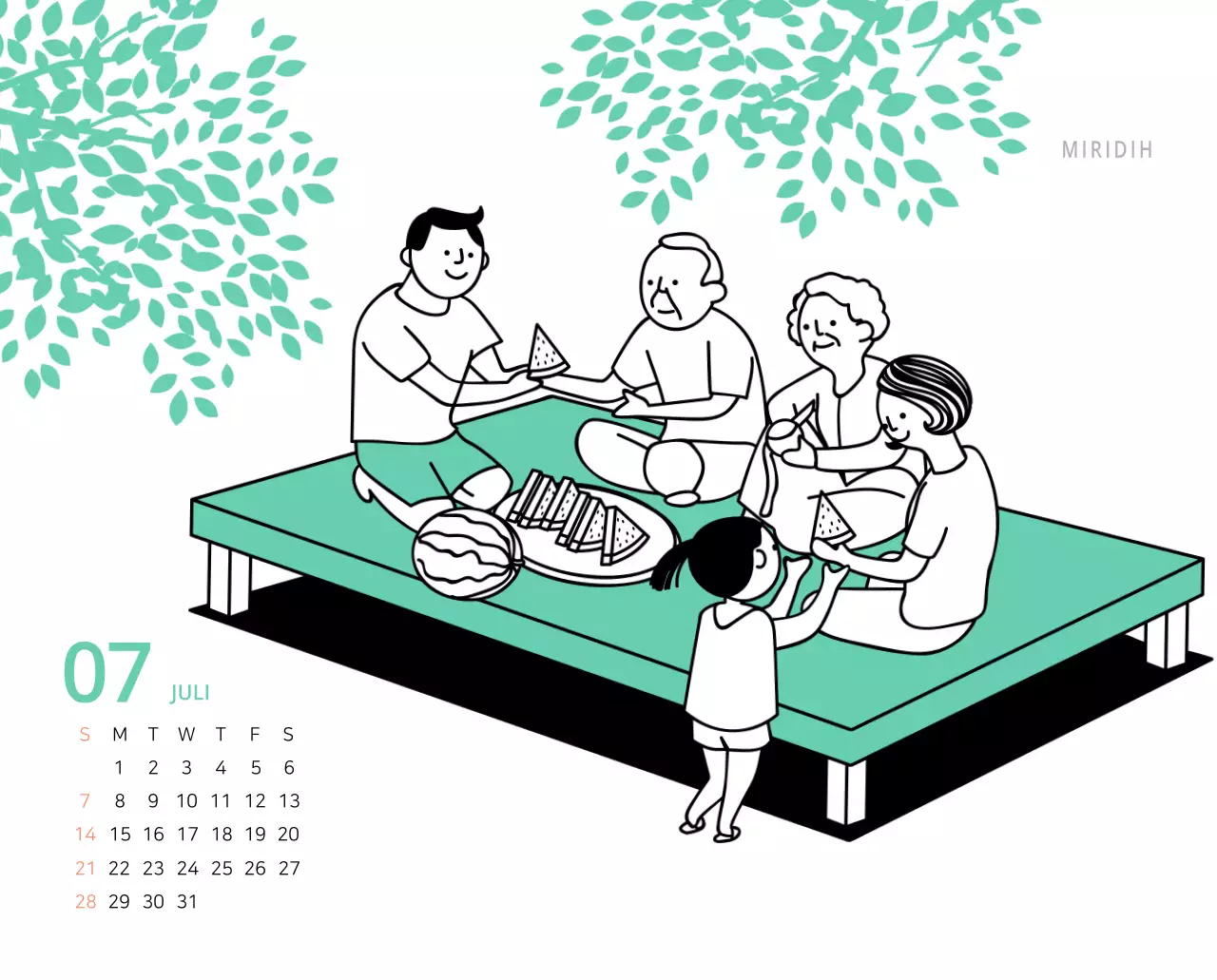 Schattige geïllustreerde groene bureaukalender met familiethema