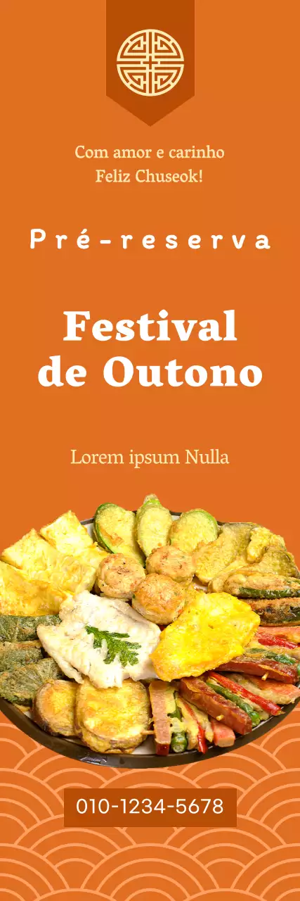 Promover a pré-reserva de pratos Chuseok com padrões tradicionais coreanos sobre um fundo cor de laranja