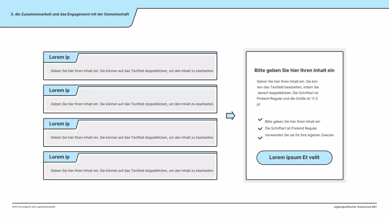 Ein politischer Vorschlag mit einer sauberen Illustration in Hellblau und einer Indexpunktform.