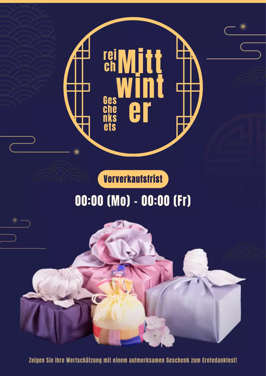 Dieses Obon-Geschenkset zeigt einen luxuriösen, sauberen marineblauen Hintergrund mit Illustrationen von traditionellen Mustern und einem Boza-Bild.