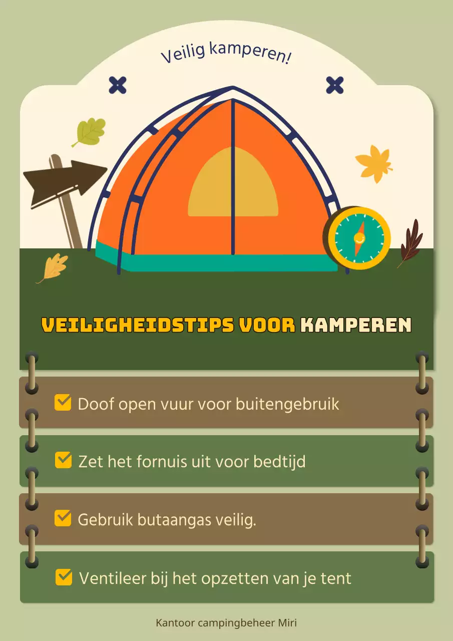 Veiligheidstips voor kamperen met groene en oranje tentillustratie