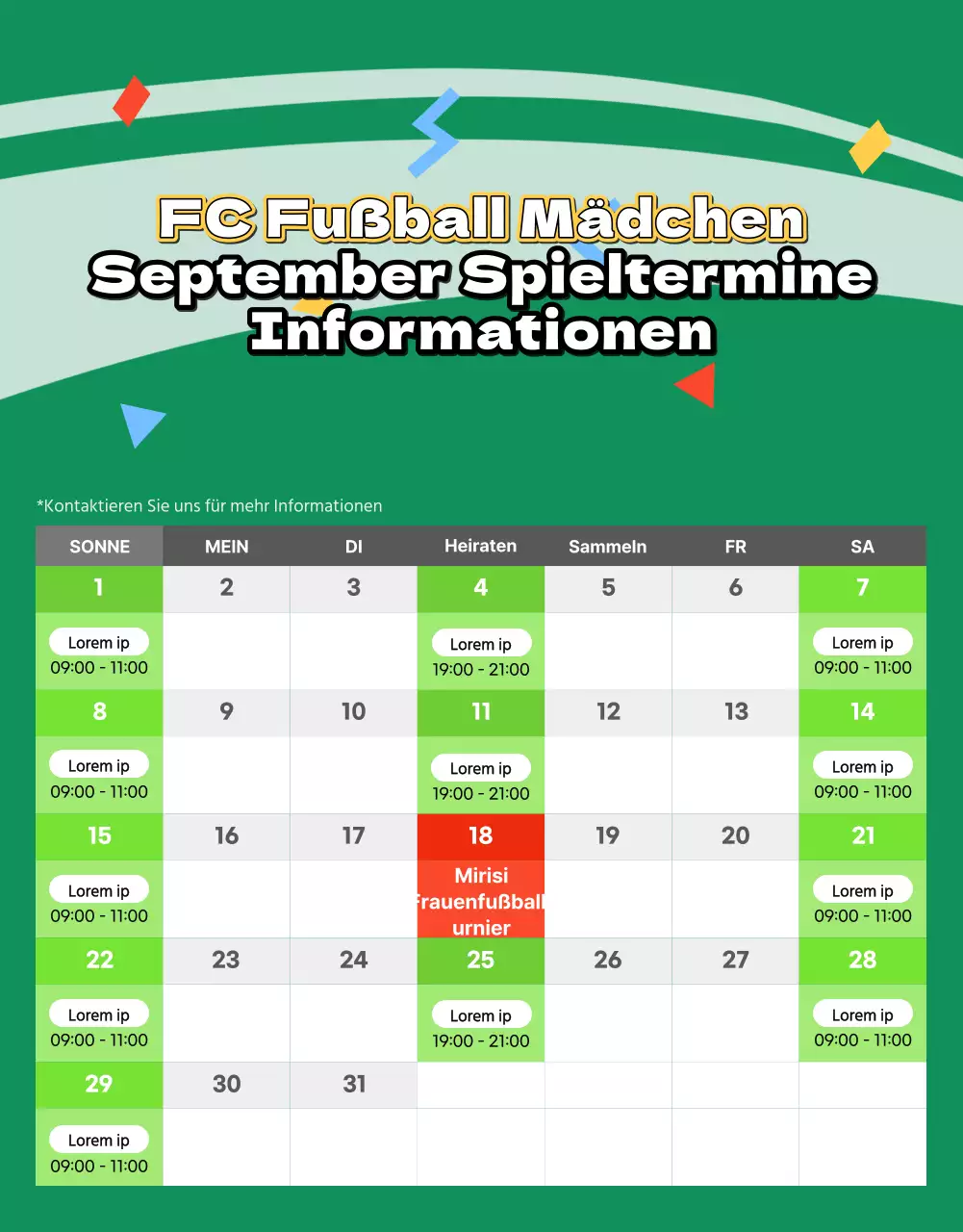 Werbeflyer für den Frauenfußball mit einem Bild eines grünen Fußballfeldes