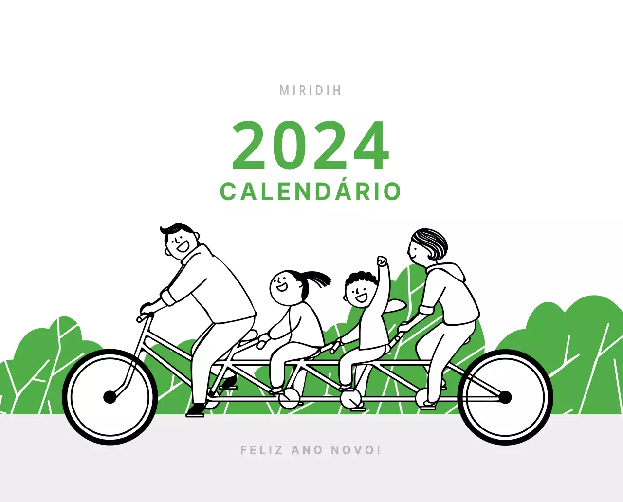 Calendário de secretária verde ilustrado com tema de família