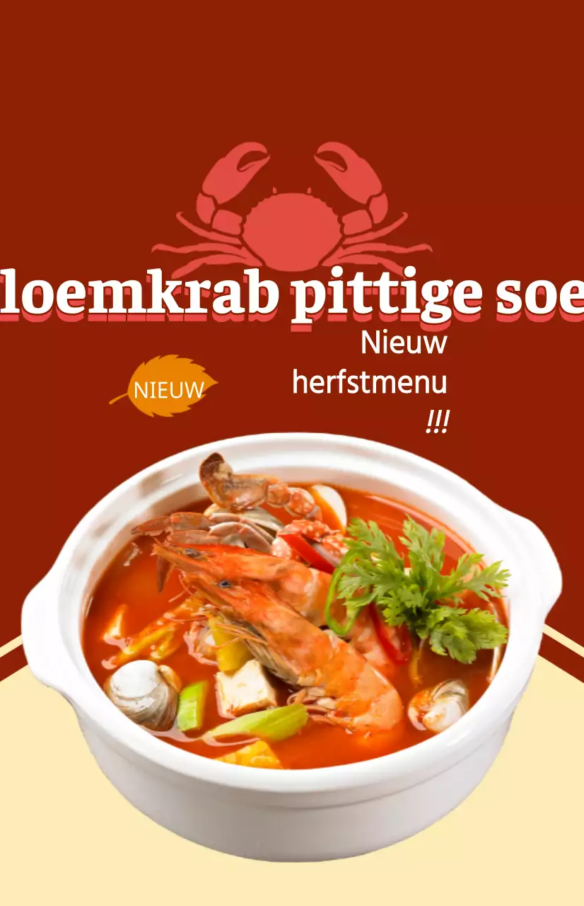 Een promotiestuk voor een nieuw herfstmenu met tekst en illustraties voor een gerecht met blauwe krabben.