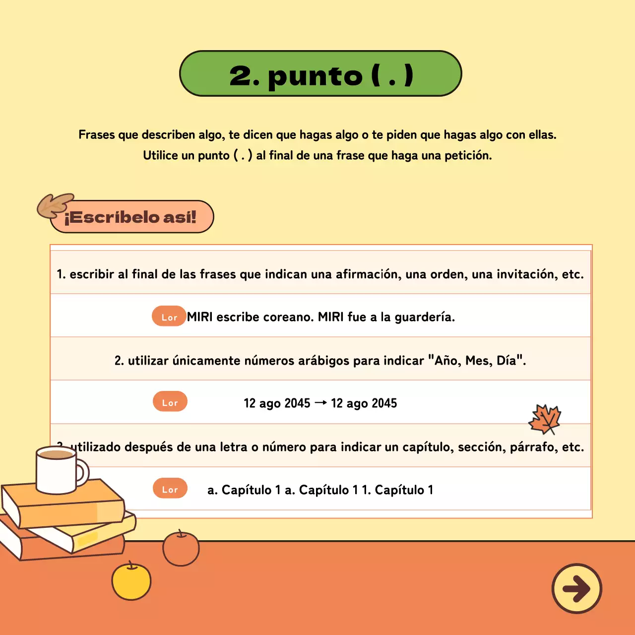 Material didáctico de coreano con simpáticas ilustraciones en amarillo y naranja