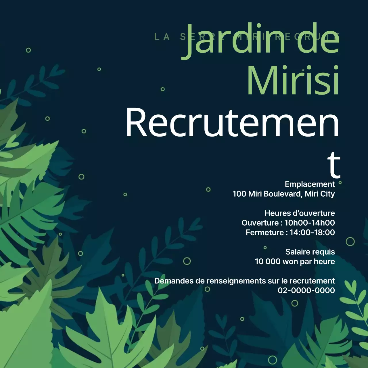 Avis de recrutement sur le thème de la nature avec un fond vert et des points de texte vert lime V2