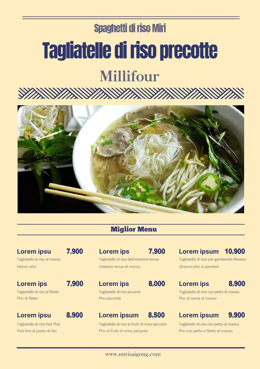 Menu multilingue degli spaghetti di riso con foto e colorazione gialla