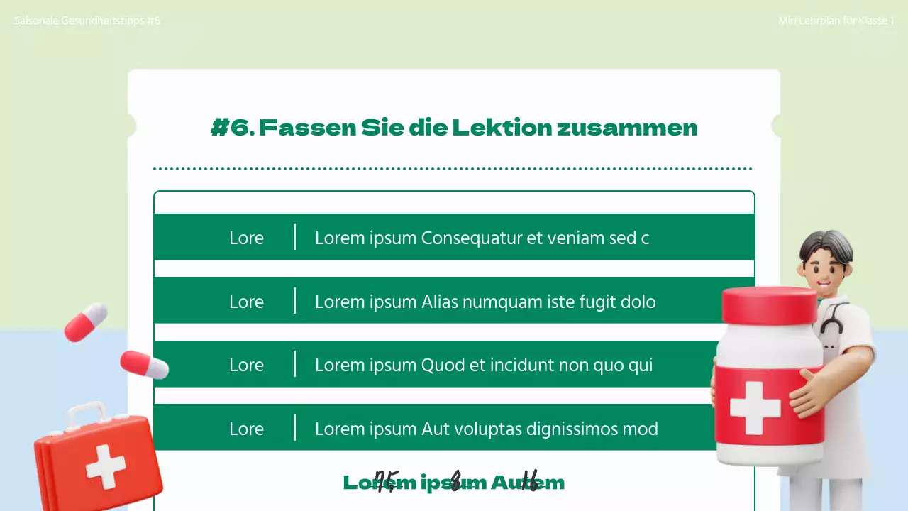 Einführung in das Konzept der saisonalen Gesundheitsversorgung mit 3D-Illustrationen in Chartreuse und Hellblau.
