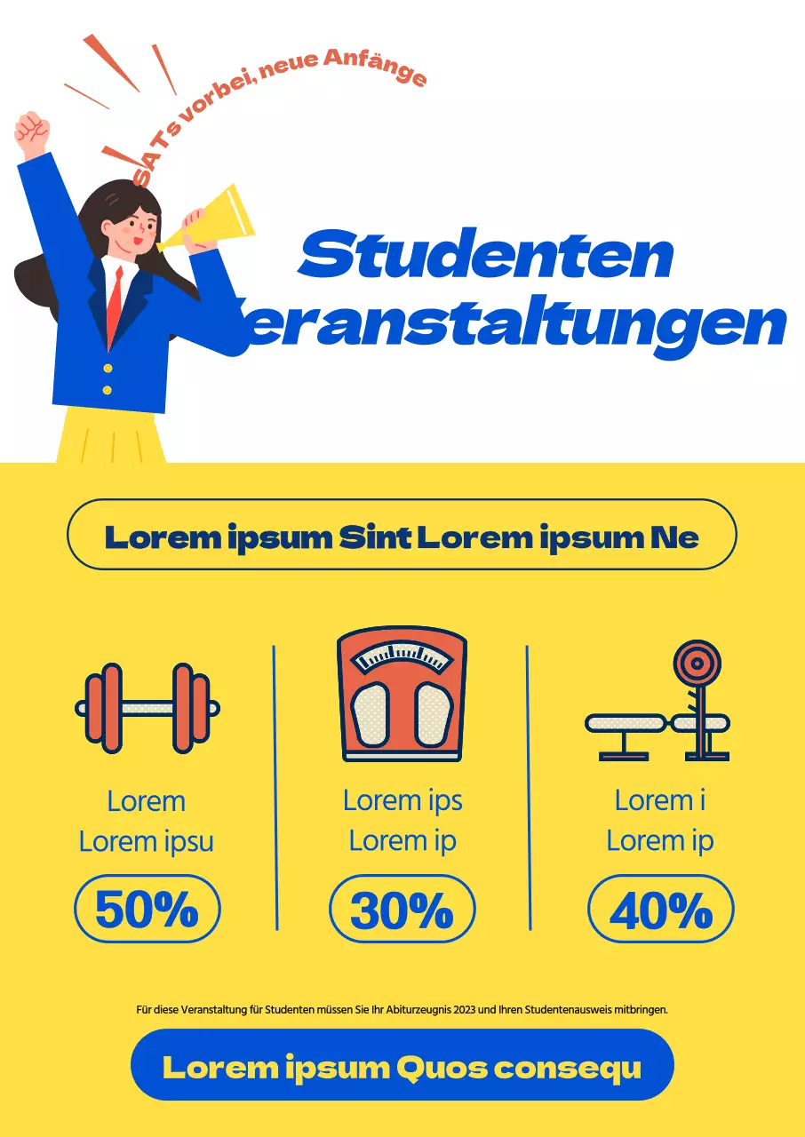 Ein Fitnessstudio-Rabatt für SATs-Testteilnehmer, mit Illustrationen von High-School-Schülern, einem fetten Farbschrift-Layout und sportbezogenen Symbolen.