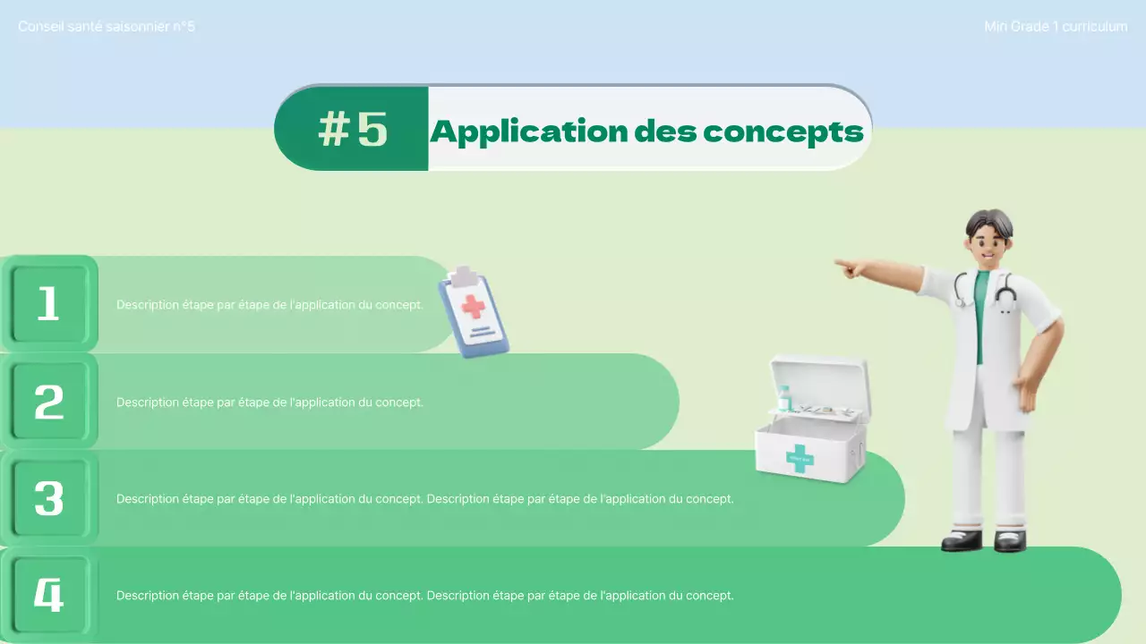 Introduction au concept de soins de santé saisonniers avec des illustrations en 3D en chartreuse et bleu clair.