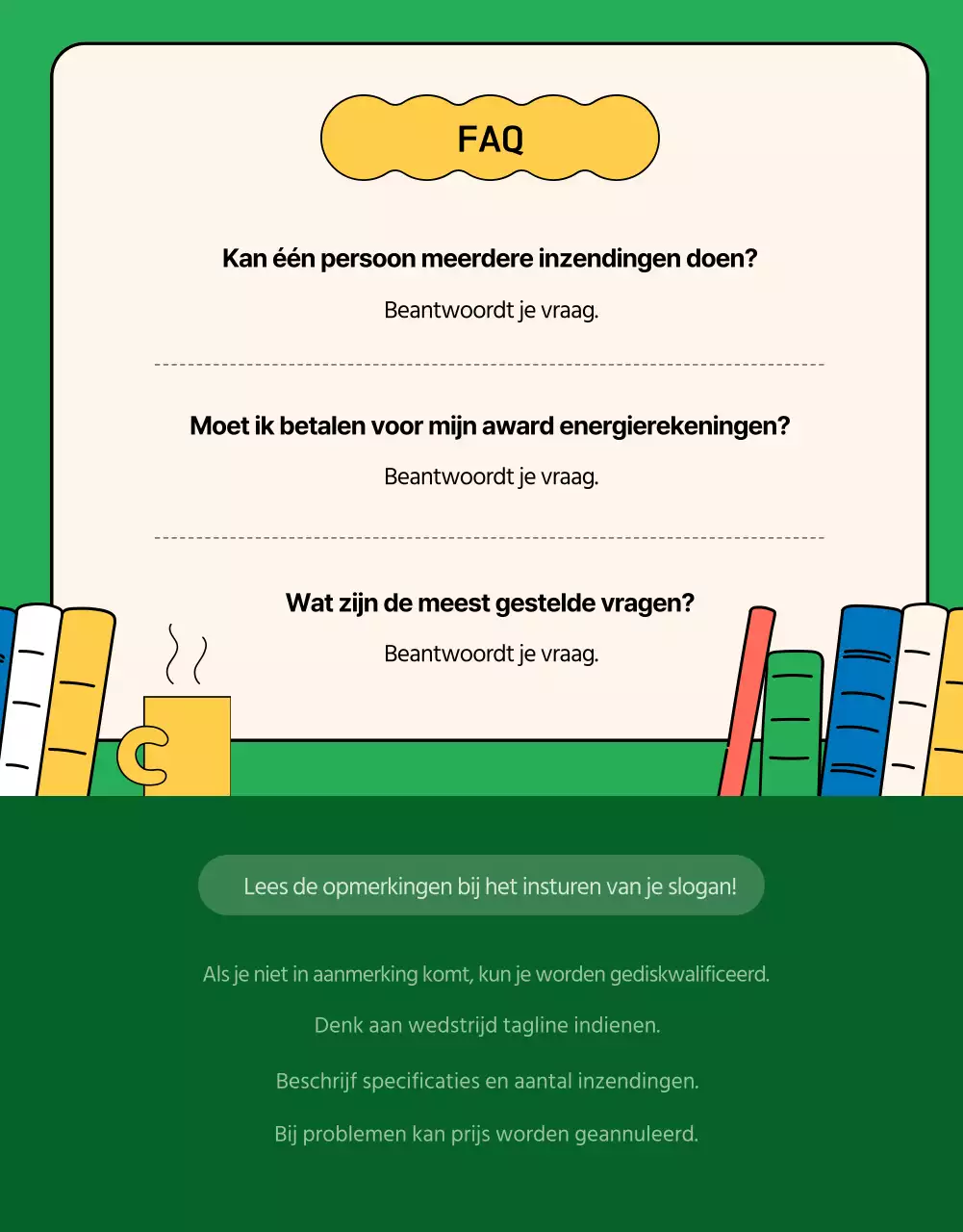 Groen en geel boek illustratie tagline wedstrijd