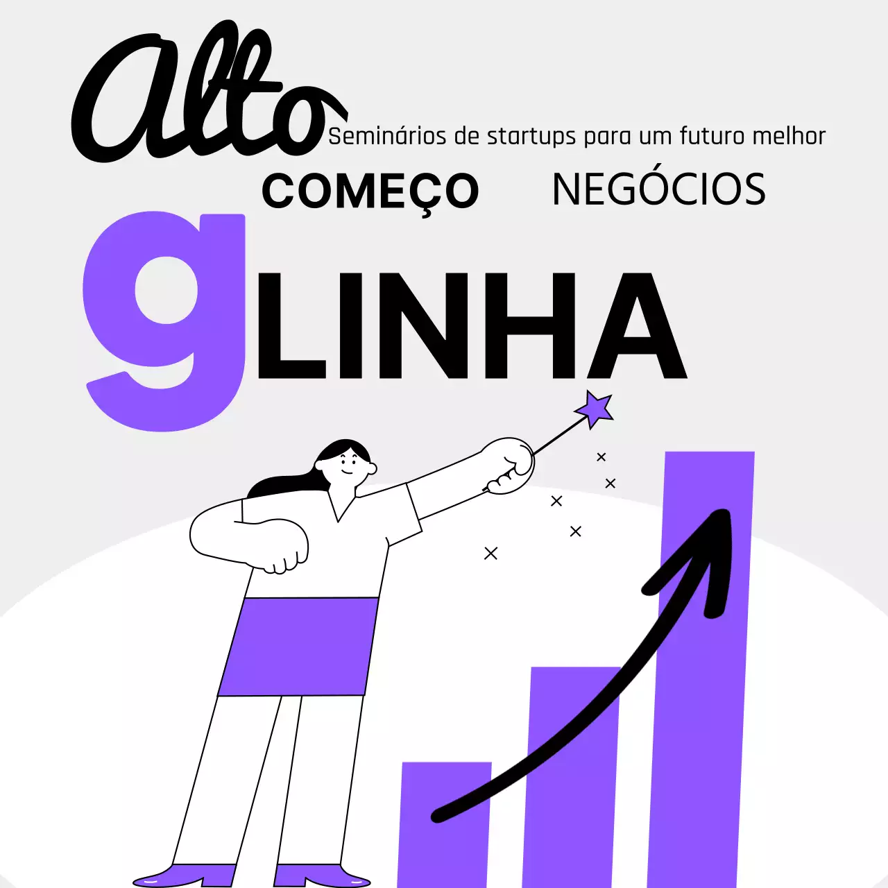 Seminário empresarial de arranque com gráficos simples a roxo e branco