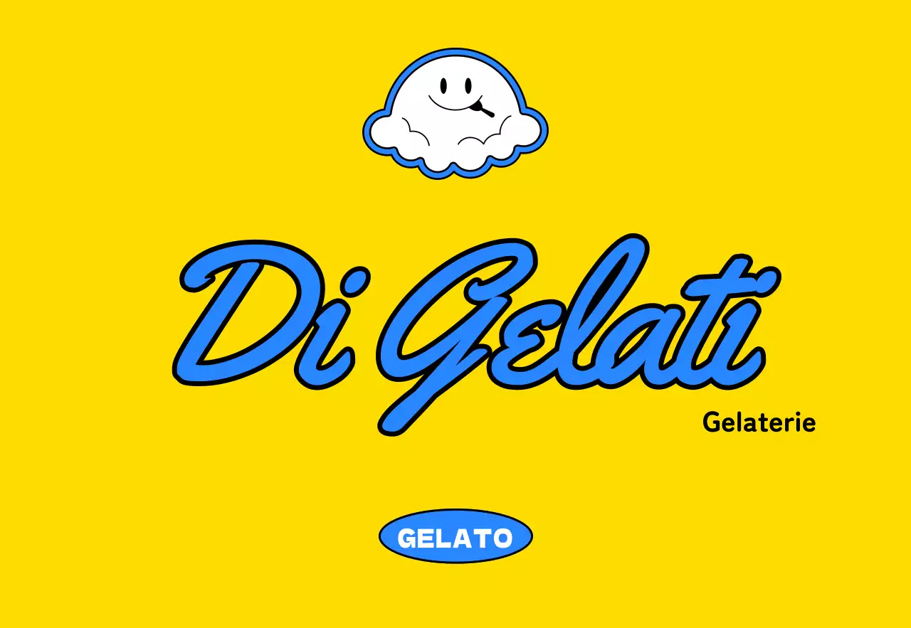 Promuovere una gelateria di concetto con un'illustrazione di un personaggio di gelato giallo e blu