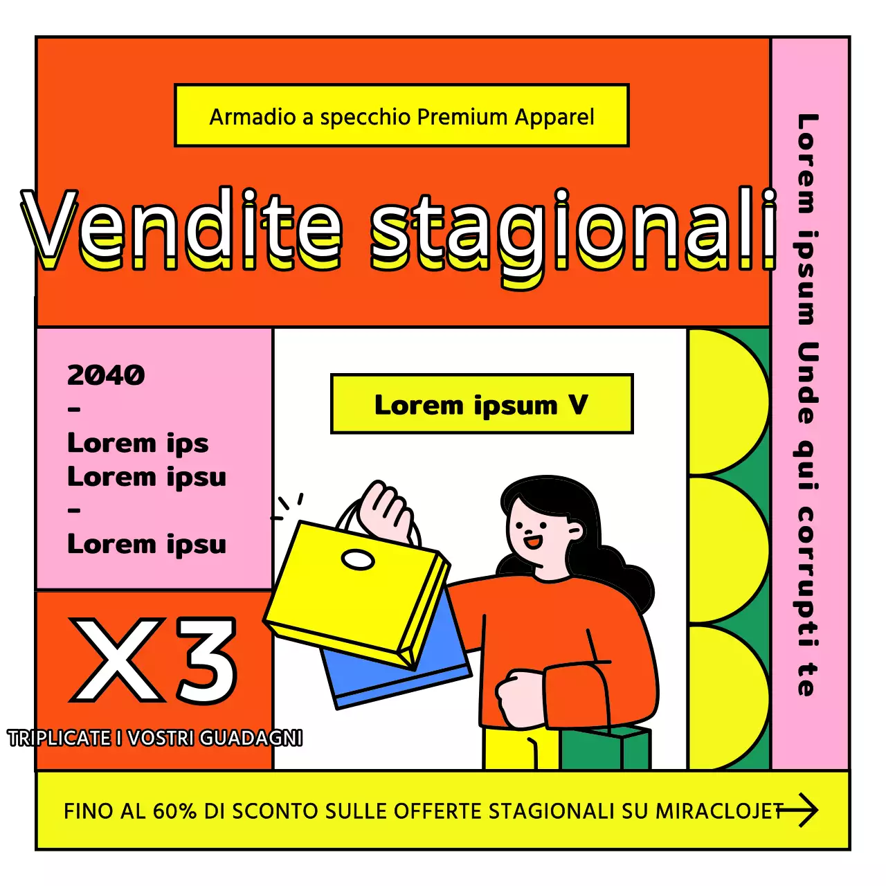 Pubblicizzate una vendita di abbigliamento stagionale fuori stagione con una cornice colorata e satura in rosso.