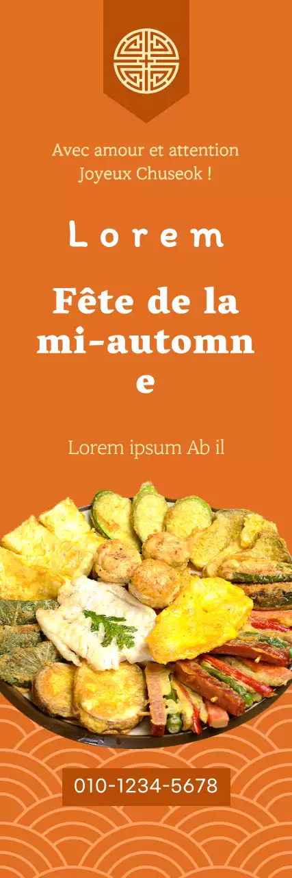 Promouvoir la pré-réservation des plateaux de Chuseok avec des motifs coréens traditionnels sur fond orange.