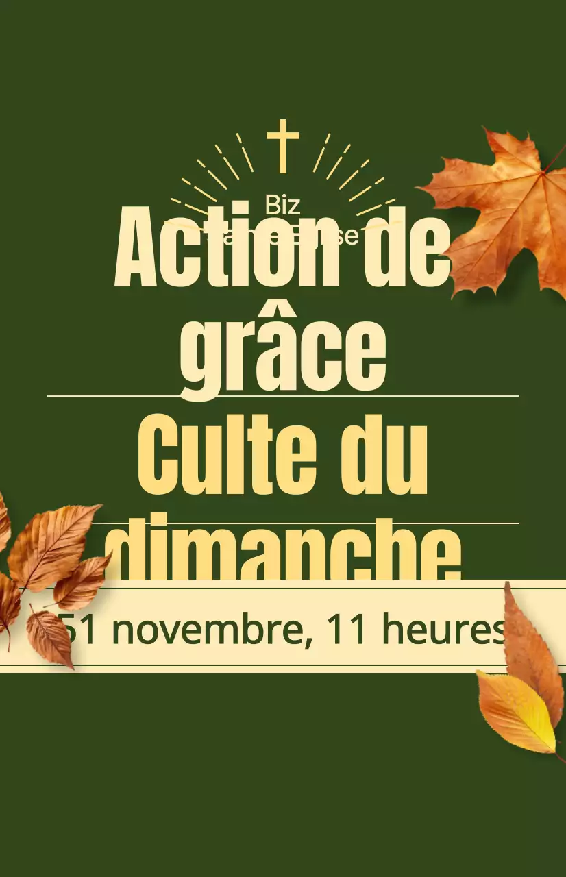 Promotion du service d'automne d'une église avec un texte relatif à l'action de grâce et une photo illustrant des feuilles en train de tomber.