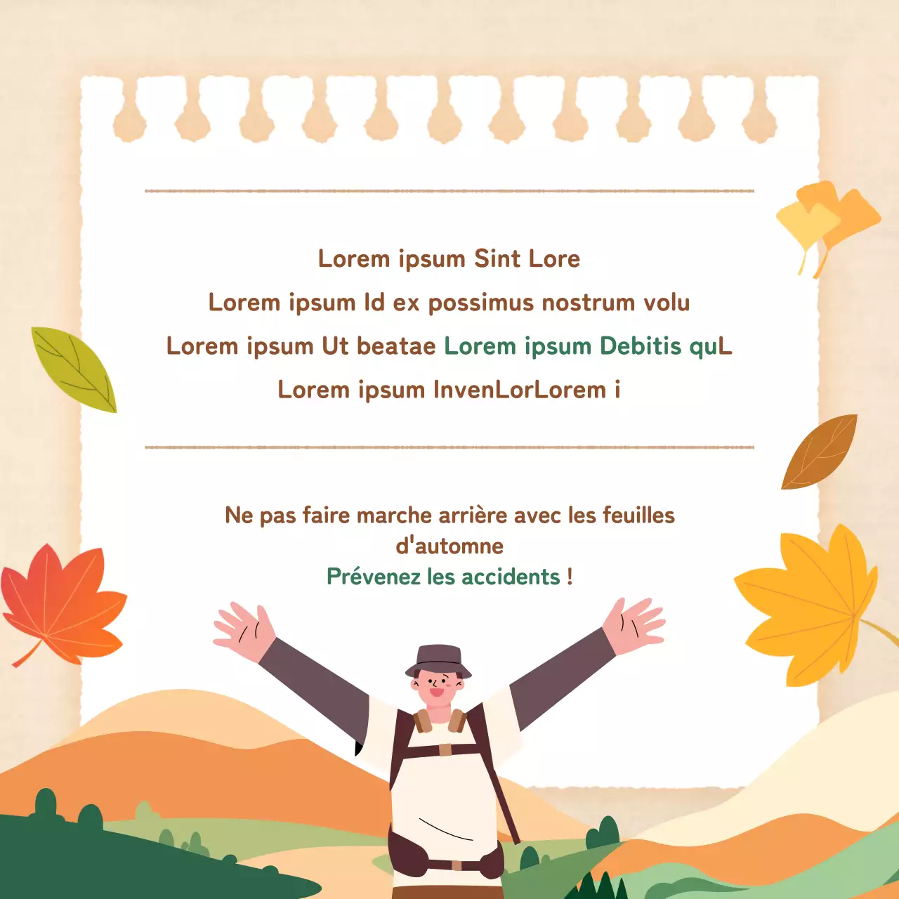 Promouvoir des précautions de randonnée d'automne modernes et basiques en orange et beige